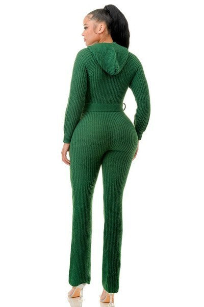 Thick Knit Green Long Sleeve Hooded Jumpsuit