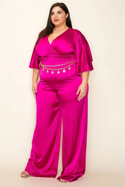 Magenta Satin Wrap Front Mid Sleeve Jumpsuit