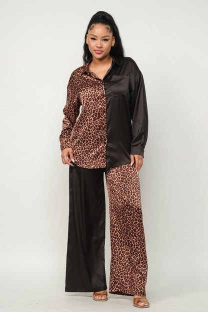 Satin Half Animal Print, Solid Pants Set