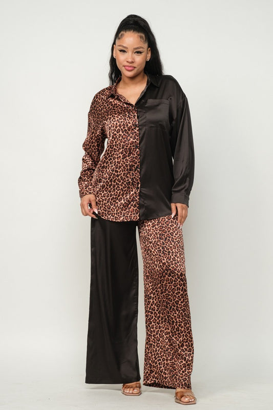 Satin Half Animal Print, Solid Pants Set