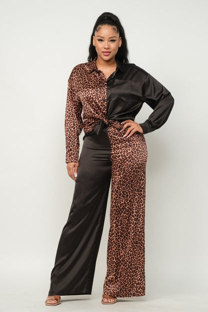 Satin Half Animal Print, Solid Pants Set