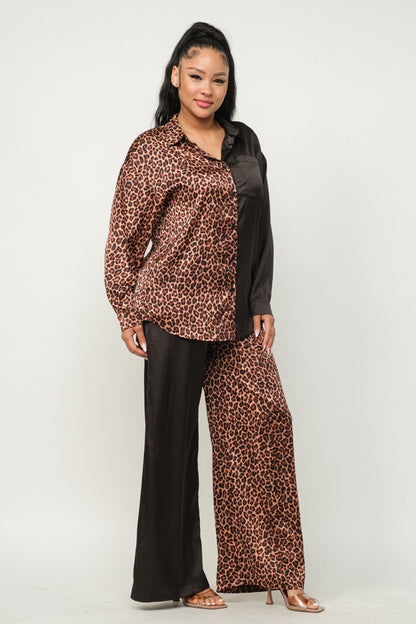 Satin Half Animal Print, Solid Pants Set