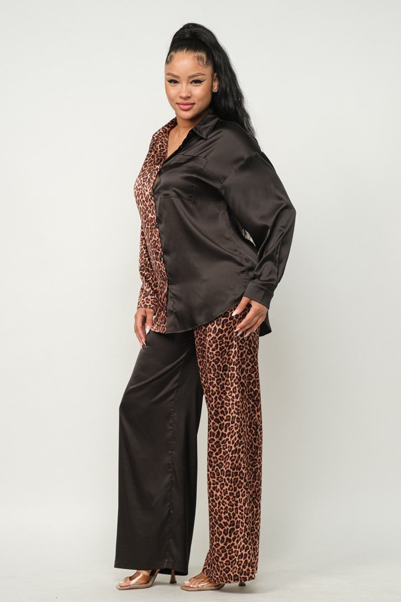 Satin Half Animal Print, Solid Pants Set