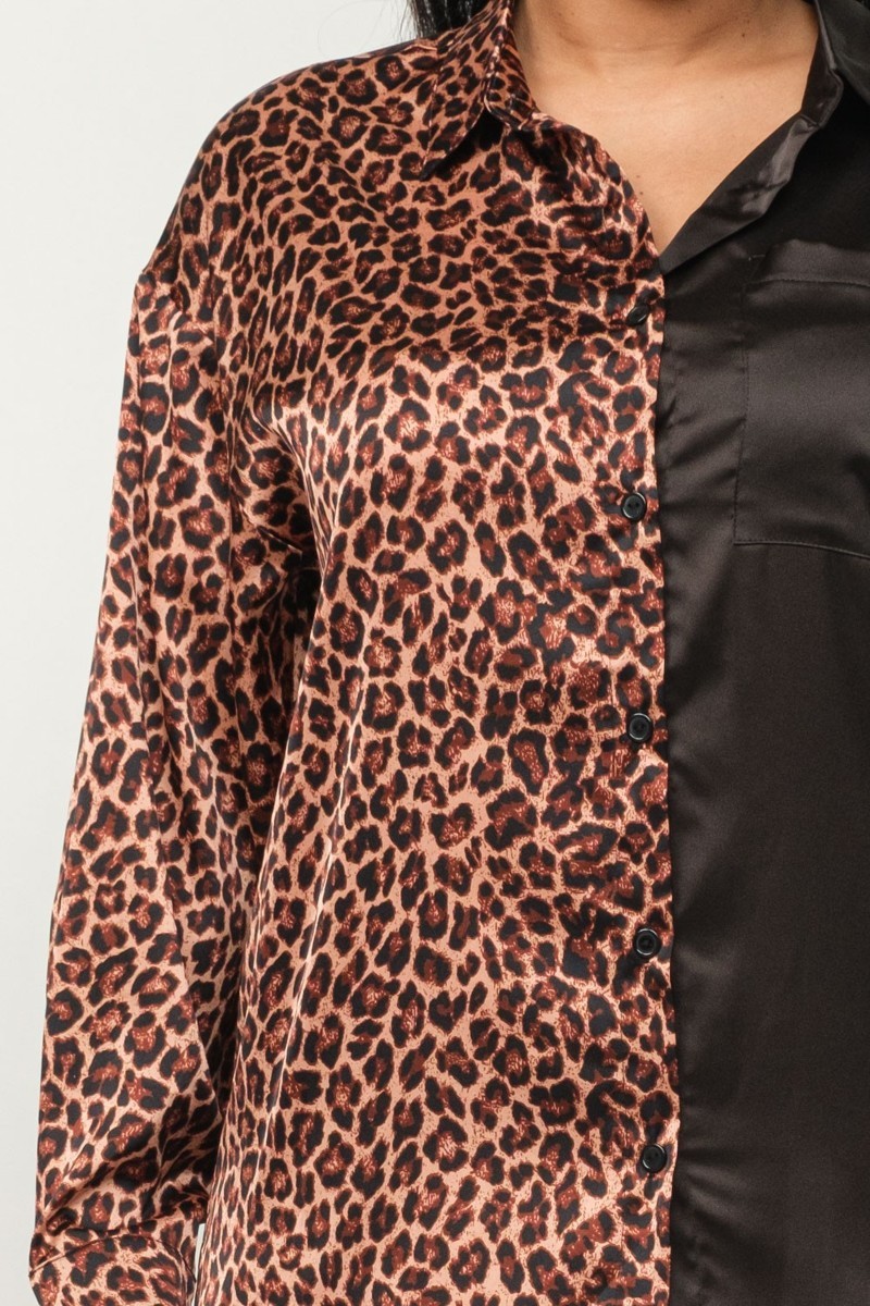 Satin Half Animal Print, Solid Pants Set