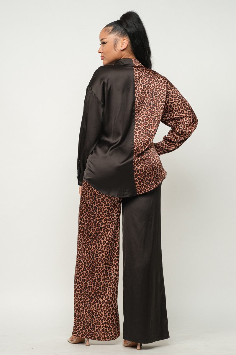Satin Half Animal Print, Solid Pants Set