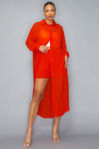 Chiffon Long Top With Short Set