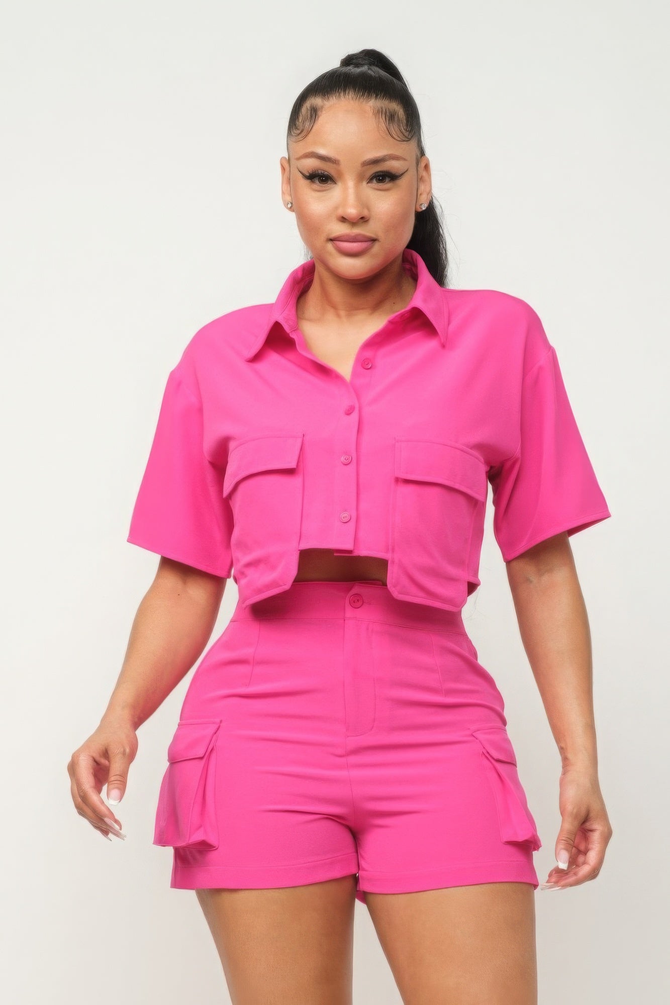 Button Down Crop and Pocketed Shorts Set