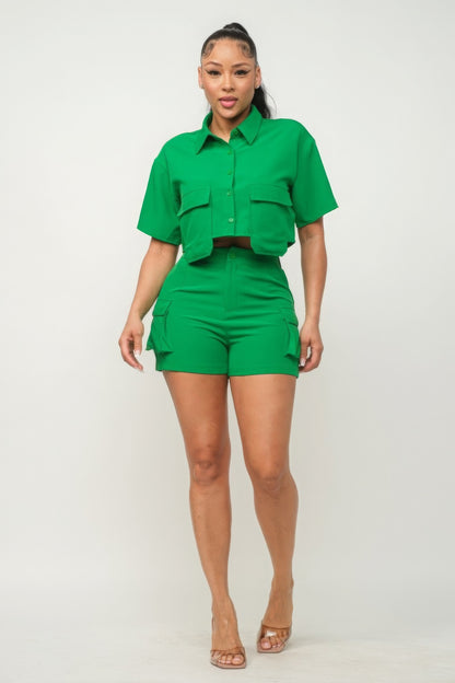 Button Down Crop and Pocketed Shorts Set