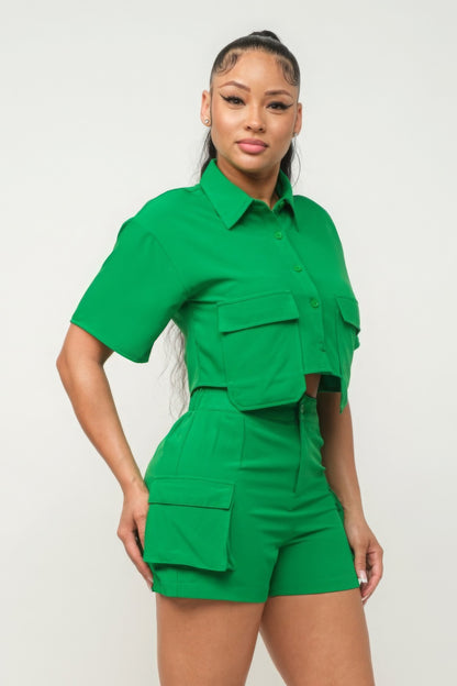 Button Down Crop and Pocketed Shorts Set