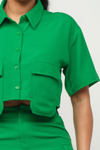 Button Down Crop and Pocketed Shorts Set