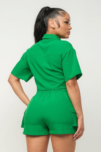 Button Down Crop and Pocketed Shorts Set