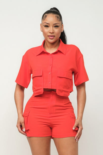 Button Down Crop and Pocketed Shorts Set