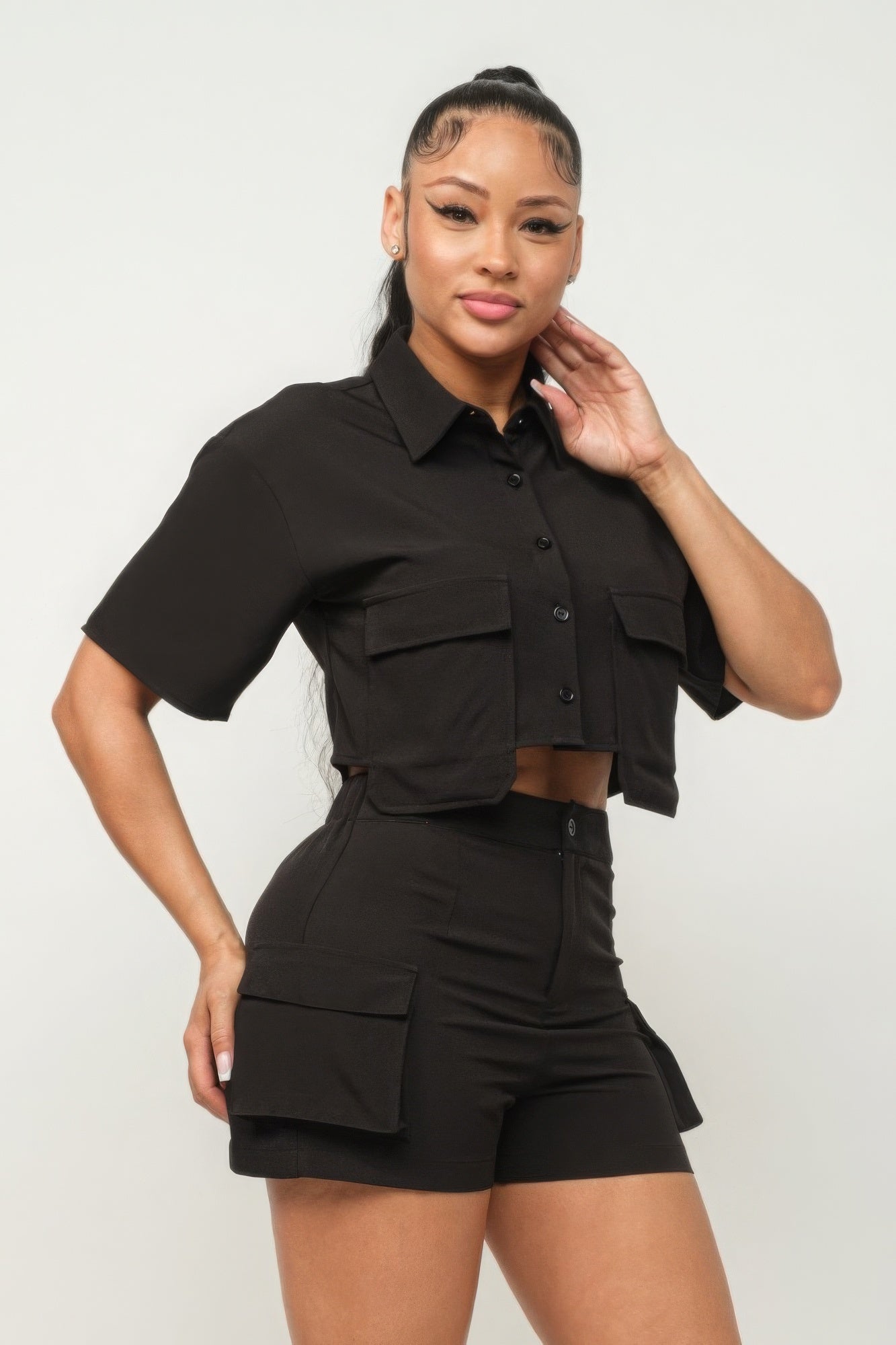 Button Down Crop and Pocketed Shorts Set