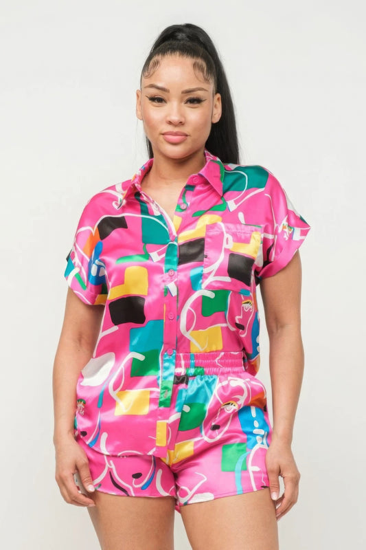 Satin Print Top And Shorts Set