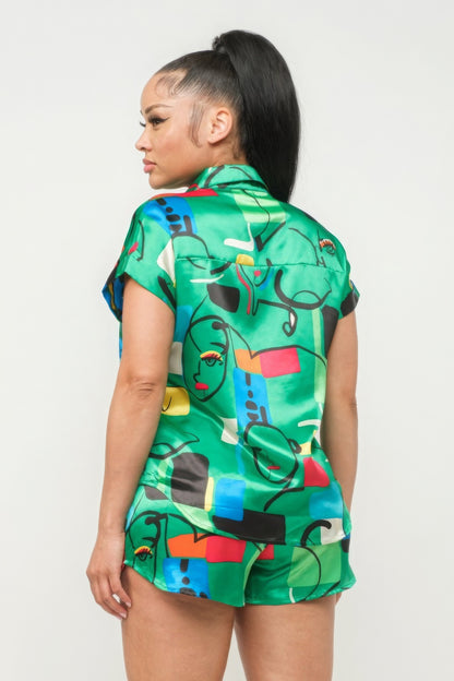 Satin Print Top And Shorts Set