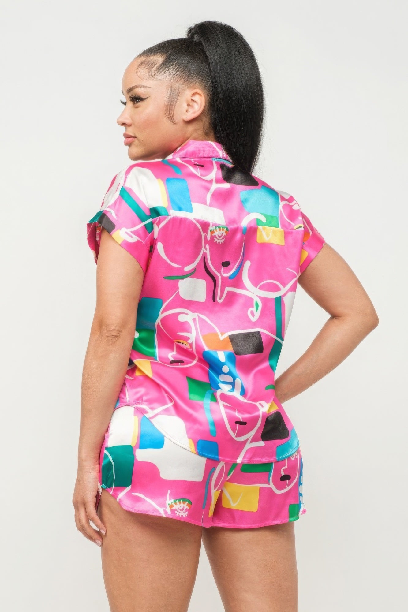 Satin Print Top And Shorts Set