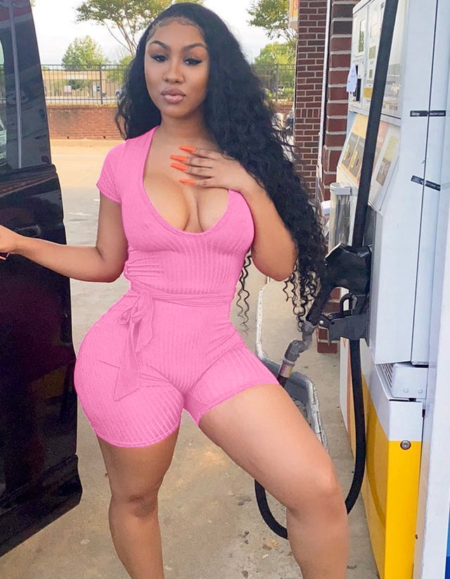 Ribbed Bodycon Rompers with Belt - Jus Fancee Boutique
