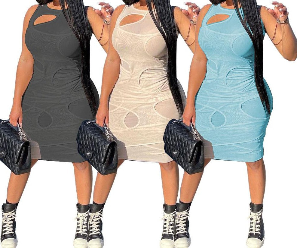 Solid Mesh Sleeveless Hollow Dress - Jus Fancee Boutique