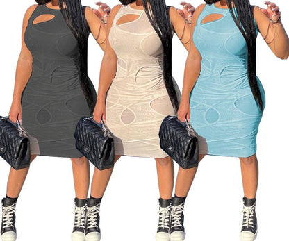 Solid Mesh Sleeveless Hollow Dress - Jus Fancee Boutique