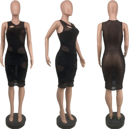 Solid Mesh Sleeveless Hollow Dress - Jus Fancee Boutique