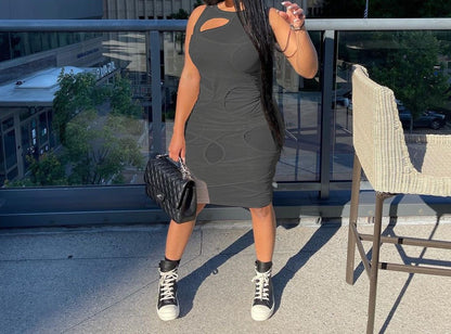 Solid Mesh Sleeveless Hollow Dress - Jus Fancee Boutique