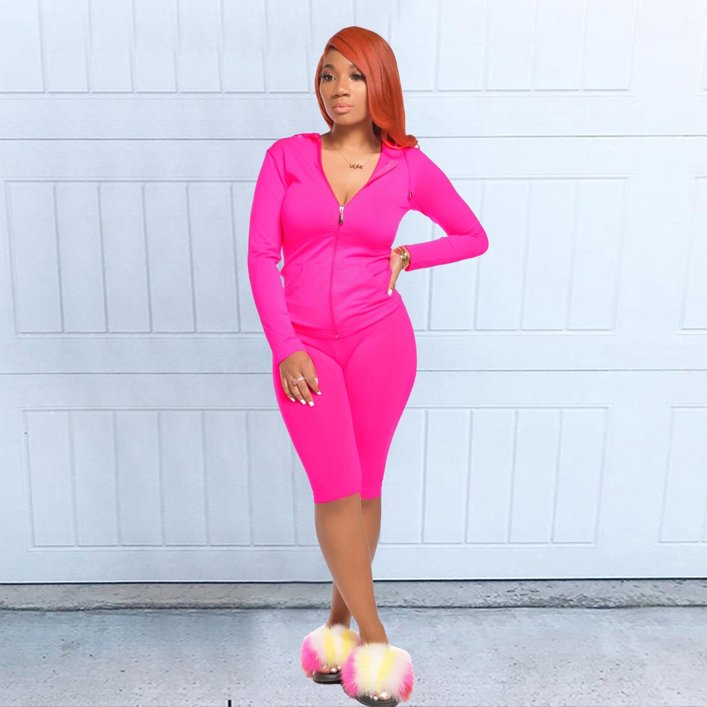 Long Sleeve Hooded Zipper 2 Piece Shorts Set - Jus Fancee Boutique