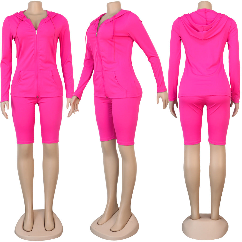 Long Sleeve Hooded Zipper 2 Piece Shorts Set - Jus Fancee Boutique