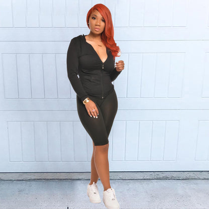 Long Sleeve Hooded Zipper 2 Piece Shorts Set - Jus Fancee Boutique