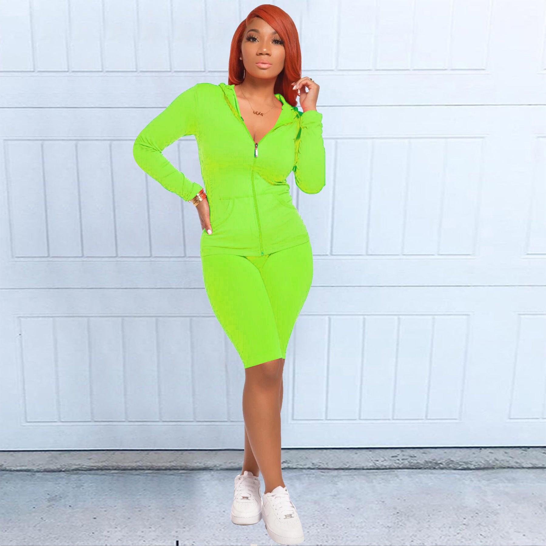 Long Sleeve Hooded Zipper 2 Piece Shorts Set - Jus Fancee Boutique
