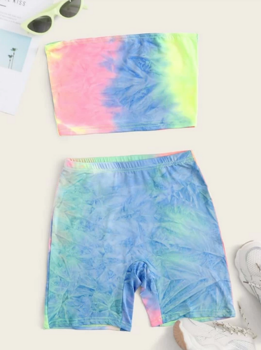 Tie Dye Crop Bandeau Top With Shorts (M) - Jus Fancee Boutique