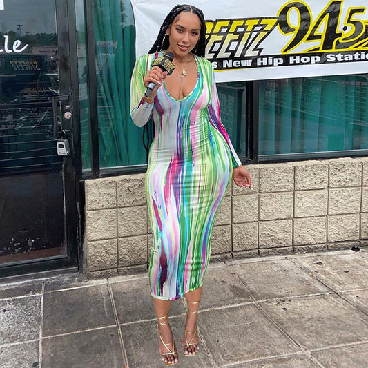 Colorful Printed Long Sleeve Maxi Dress