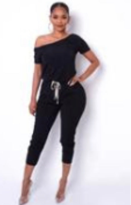 Off Shoulder Stretch Knit Drawstring Jumpsuit - Jus Fancee Boutique