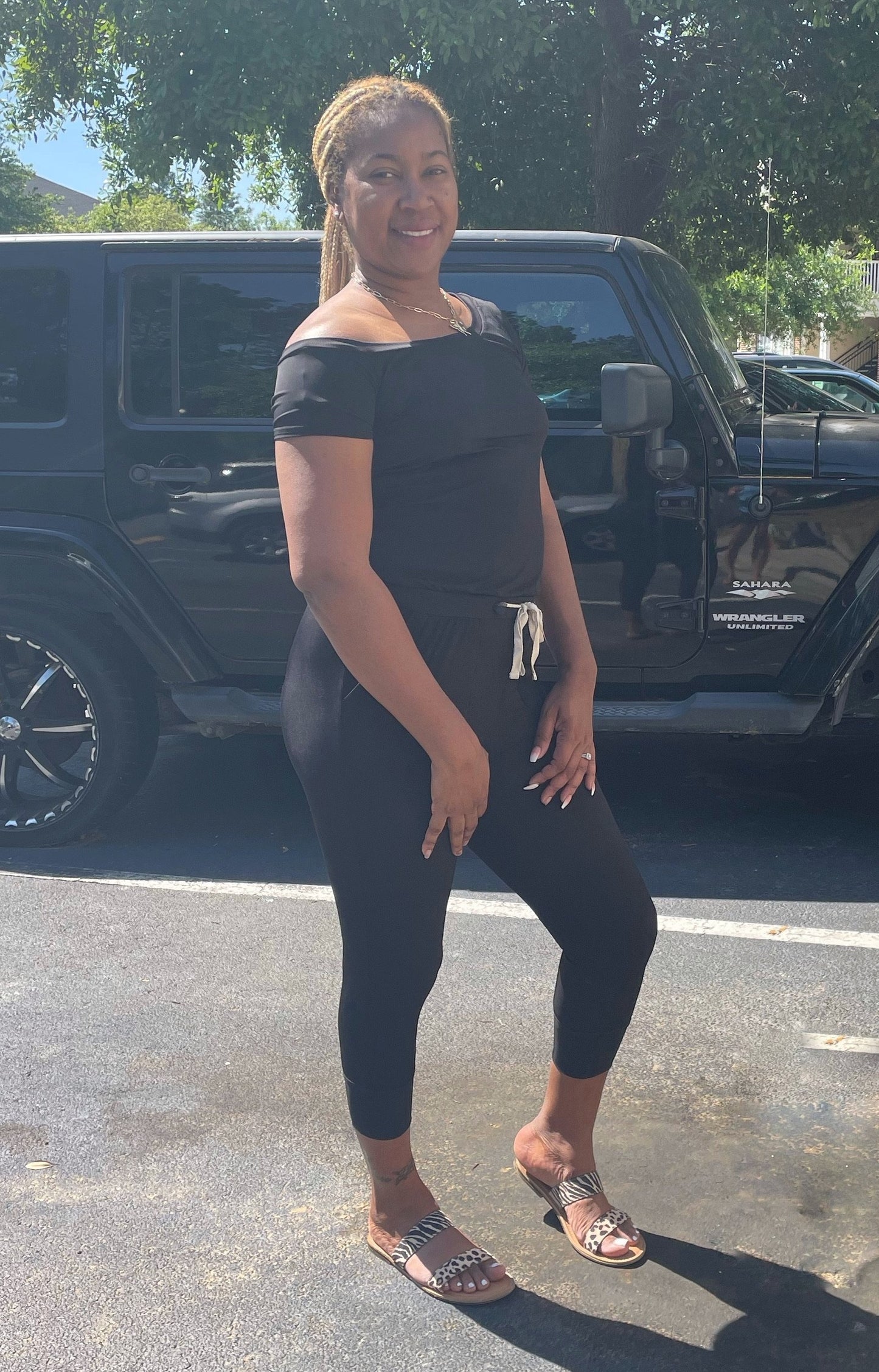 Off Shoulder Stretch Knit Drawstring Jumpsuit - Jus Fancee Boutique