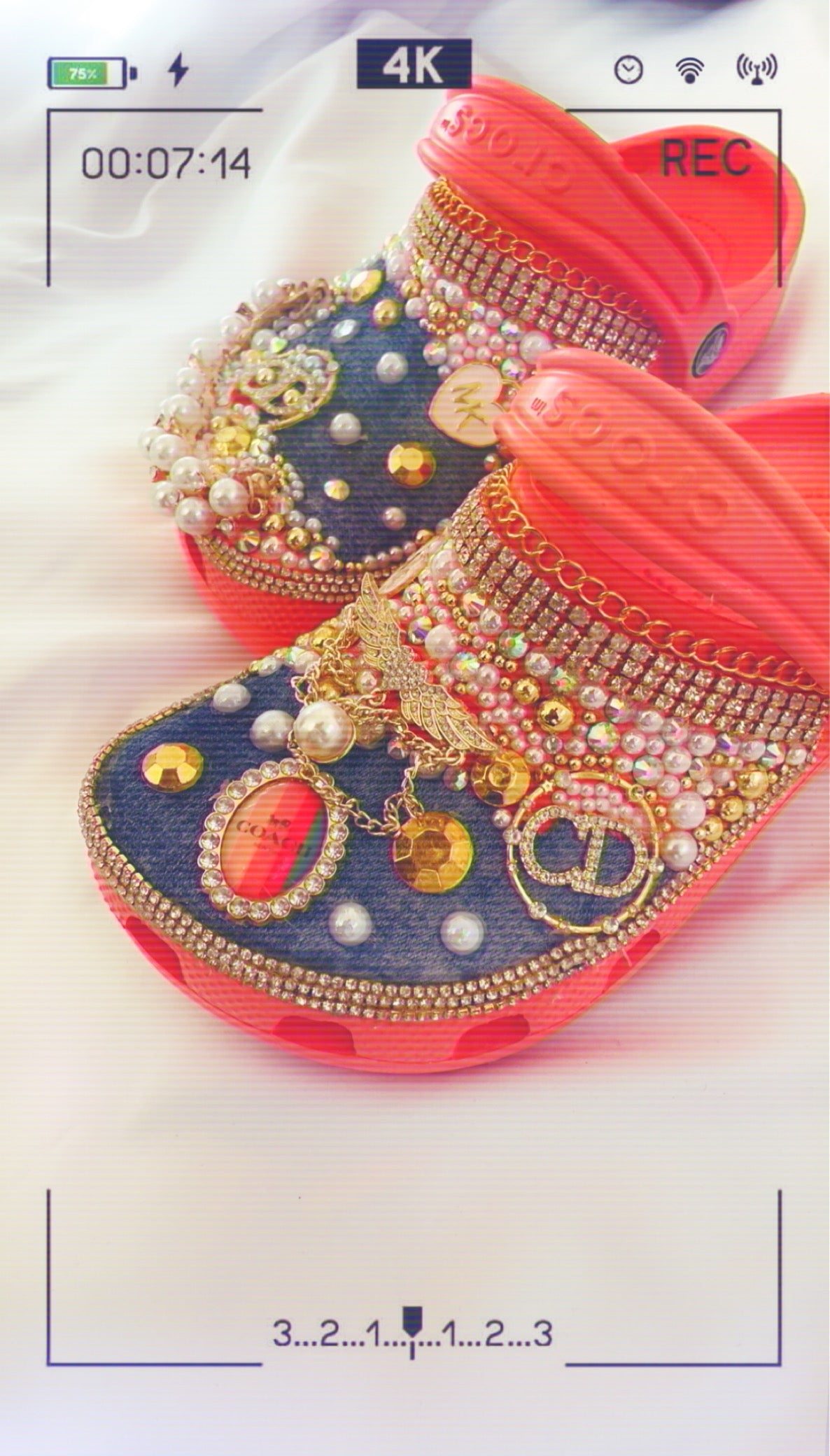 Denim Blinged Crocs w Gold Flatbacks - Premade