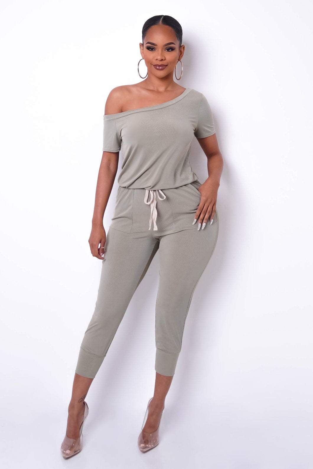 Off Shoulder Stretch Knit Drawstring Jumpsuit - Jus Fancee Boutique