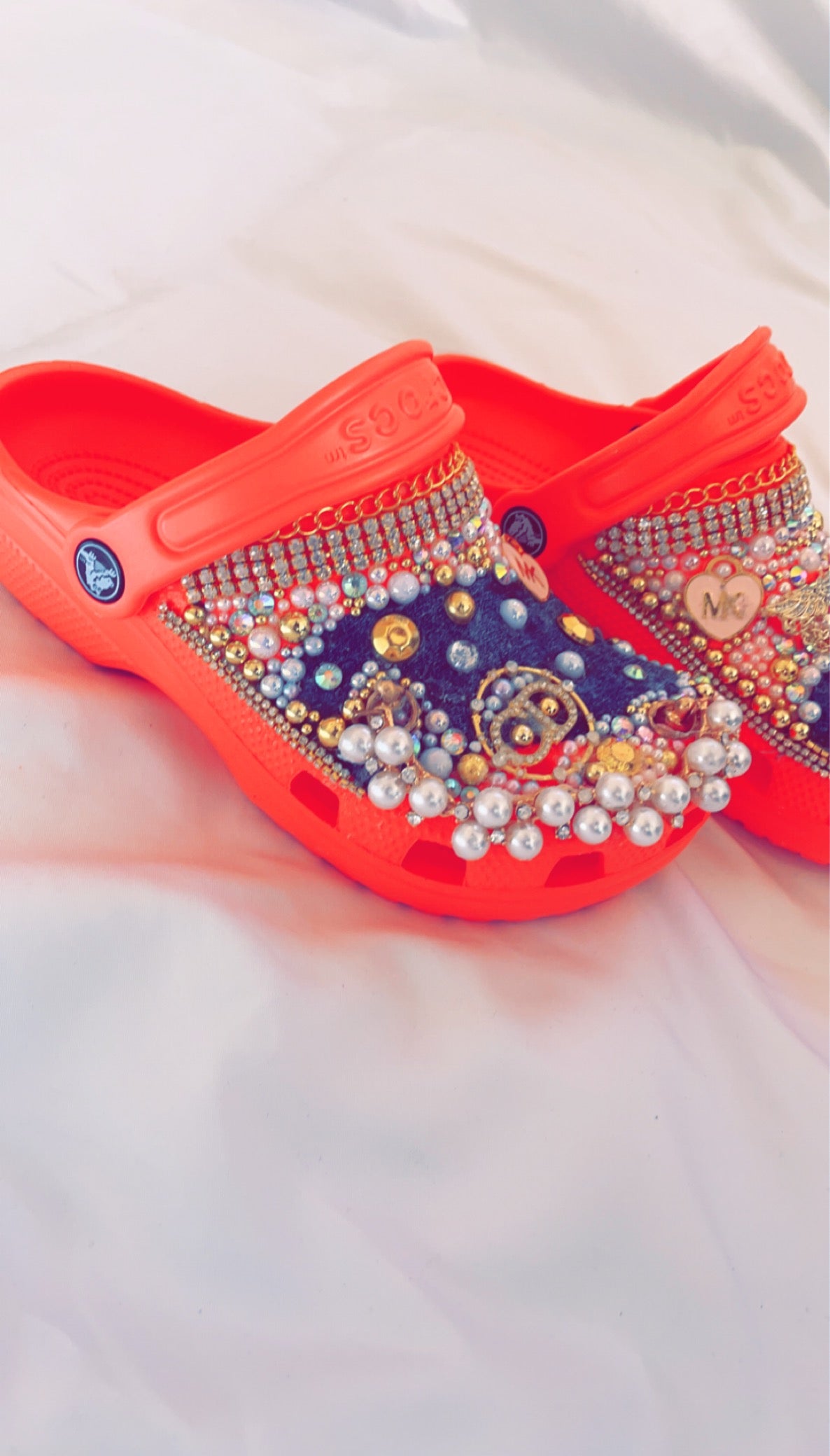 Denim Blinged Crocs w Gold Flatbacks - Premade