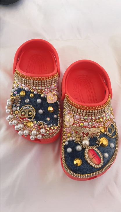 Denim Blinged Crocs w Gold Flatbacks - Premade