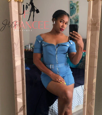Off Shoulder Denim Romper - Jus Fancee Boutique
