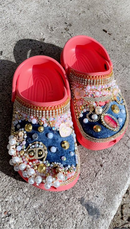 Denim Blinged Crocs w Gold Flatbacks - Premade