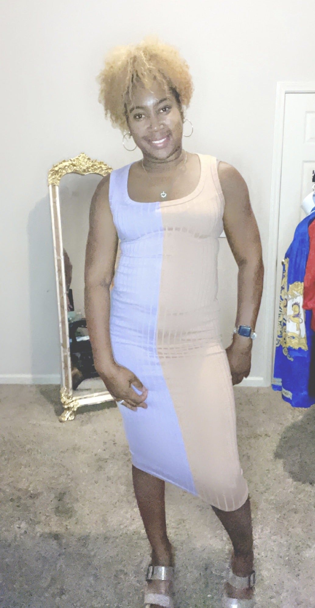 Casual Two-tone Midi Dress