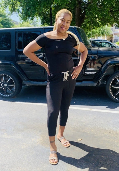 Off Shoulder Stretch Knit Drawstring Jumpsuit - Jus Fancee Boutique